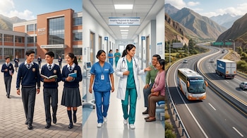Tres paneles ilustran a estudiantes ante un colegio, personal de salud en un hospital y vehículos en una carretera.