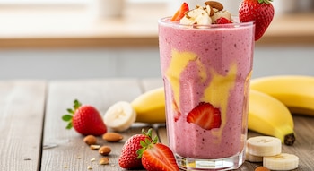Un batido de color rosa y amarillo en un vaso, decorado con fresas frescas, rodajas de plátano y almendras. Plátanos y fresas en la mesa.