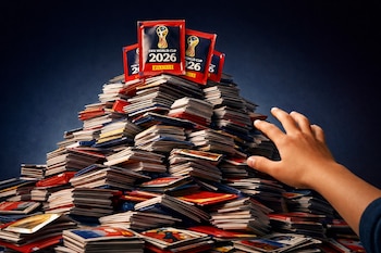 Una montaña de figuritas Panini de la Copa Mundial FIFA 2026, con sobres rojos en la cima. Una mano de niño o joven se estira hacia ellas sin alcanzarlas.