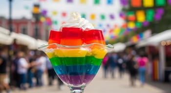 Gelatina en capas de colores rojo, naranja, amarillo, verde, azul y morado, en vaso de cristal con crema batida. Fondo borroso con banderines de colores y personas.