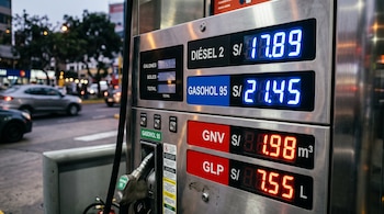 Surtidor metálico con pantalla digital en azul y rojo que muestra precios numéricos de combustibles frente a una avenida urbana.