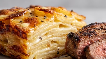 Detalle de mil hojas de papa gratinada en capas, un corte de carne asada, granos de pimienta negra y manteca derretida sobre un fondo gris claro.