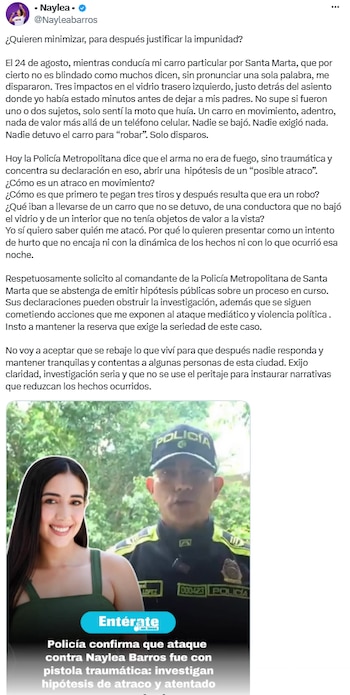 Naylea Barros cuestionó peritaje y pidió identificar a quienes atacaron su vehículo el 24 de agosto - crédito @Nayleabarros/X