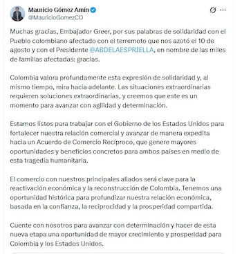 La señal política sobre el acuerdo comercial entre Estados Unidos y Colombia surgió después de una reunión entre Jamieson Greer y Mauricio Gómez Amín - crédito @MauricioGomezCO/X