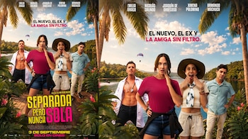 El elenco de “Separada, pero nunca sola” posa junto al afiche oficial de la comedia, que llegará a los cines de todo el país desde el 3 de septiembre.