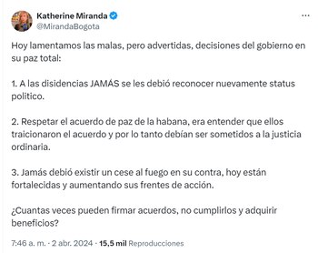 La representante no perdonó las acciones del Gobierno para adelantar una paz total, que terminaron en el fortalecimiento de los grupos armados - crédito red social X
