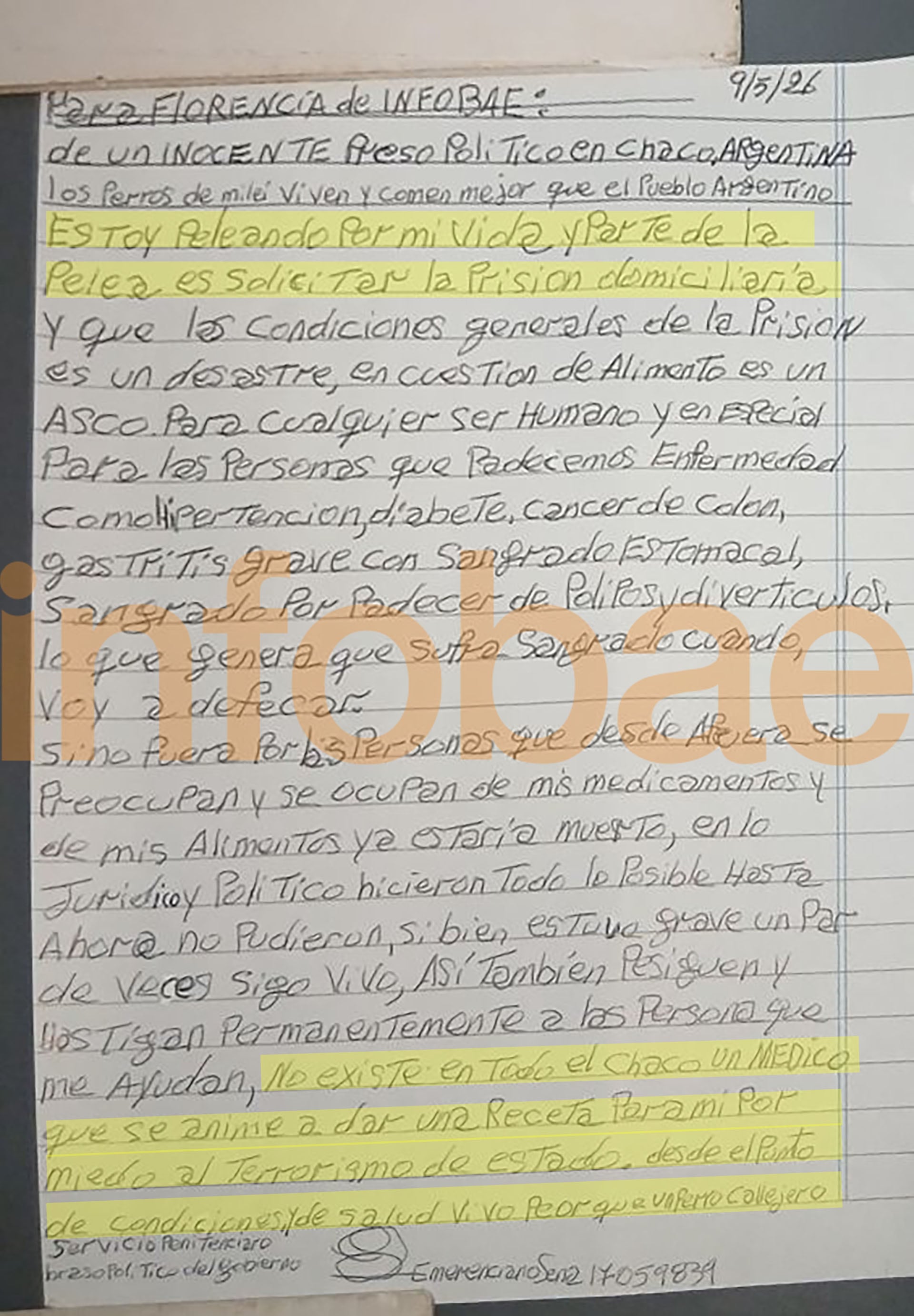 La carta de Emerenciano Sena a Infobae