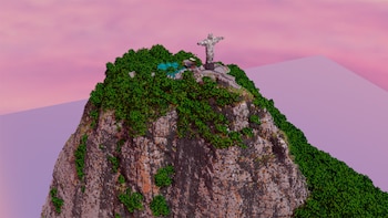 Construcción con bloques de videojuego que representa una montaña rocosa cubierta de árboles con una escultura de brazos extendidos en la cima