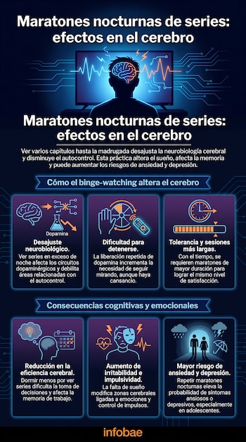 Infografía azul oscura sobre los efectos del binge-watching nocturno. Muestra un cerebro con ondas, un reloj, una bombilla, calendario, persona triste, y nubes de lluvia.