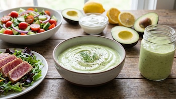 Aderezo cremoso de yogurt, limón y aguacate: el protector del corazón en ricas comidas como ensaladas y atún