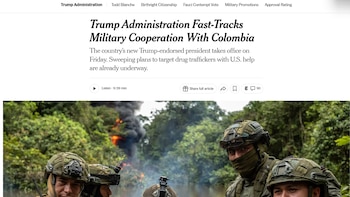 El periódico neoyorquino enfatizó el fortalecimiento de la alianza militar entre Colombia y Estados Unidos, señalando la relevancia geopolítica de la transición presidencial y las expectativas de cooperación bilateral - crédito captura de pantalla The New York Times