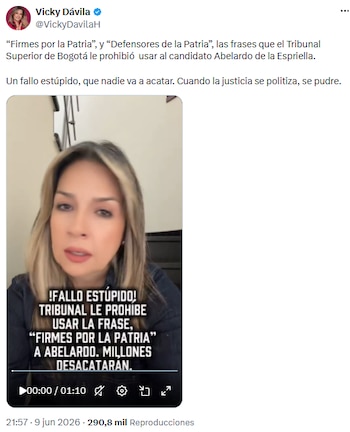 Vicky Dávila rechazó el fallo que prohíbe a Abelardo de la Espriella usar su eslogan de campaña - crédito @VickyDavilaH/X