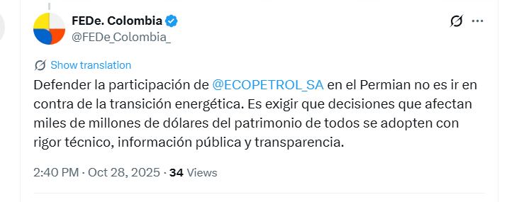 La fundación sostiene que defender la participación de Ecopetrol en el Permian no se opone a la transición energética - crédito @FEDe_Colombia_/X