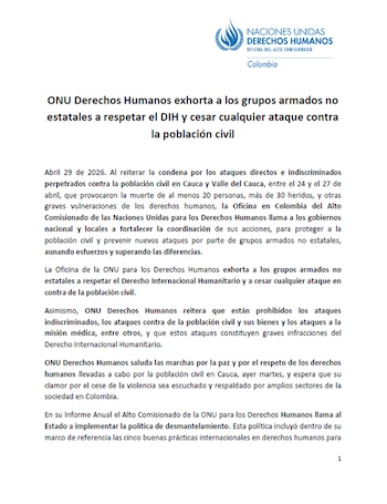 La Oficina del Alto Comisionado de las Naciones Unidas para los Derechos Humanos advirtió sobre la escalada de violencia ejercida por grupos armados no estatales en el Cauca y Valle del Cauca - crédito @ONUHumanRights/X