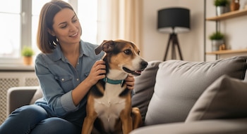 Una mujer con camisa vaquera y su perro tricolor con collar azul están sentados en un sofá gris, ella le acaricia el cuello, en un salón luminoso.