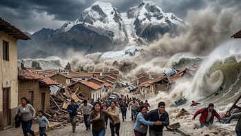 Un grupo de personas corre por una calle de adobe entre escombros mientras una corriente de agua y lodo desciende de una montaña nevada