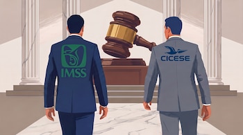 Dos hombres de traje con logos del IMSS y CICESE en la espalda se dirigen a un mazo judicial sobre un pedestal, en un salón con columnas.