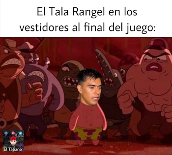 Texto en la parte superior sobre una imagen editada con el rostro de Tala Rangel en el cuerpo de Patricio Estrella junto a personajes animados