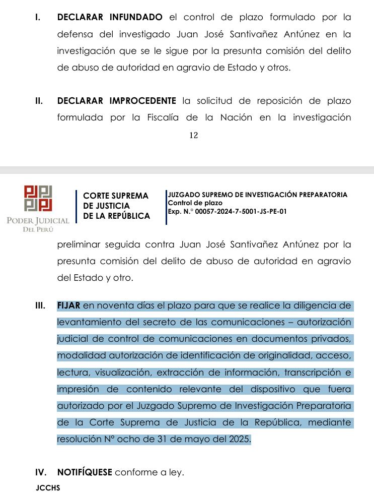 Resolución que rechaza control de plazos del exministro Juan José Santiváñez.
