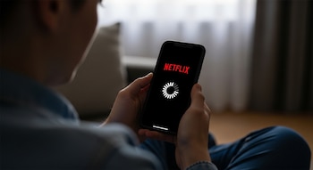 Primer plano de una persona sujetando un smartphone con ambas manos; la pantalla oscura muestra el logo rojo de Netflix y un icono de carga blanco giratorio.