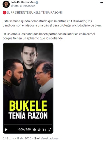 Jota Pe Hernández criticó a Gustavo Petro y respaldó a Nayib Bukele en video viral - crédito @JotaPeHernandez/X