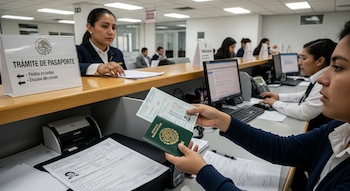 Una persona entrega un pasaporte verde mexicano y papeles a un funcionario en un mostrador de una oficina de trámites.
