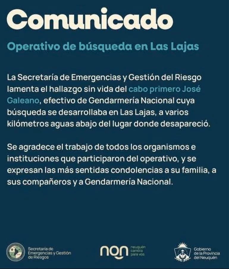 Comunicado oficial del Gobierno de Neuquén informando el hallazgo del cuerpo