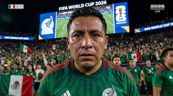 Primer plano de un aficionado con camiseta verde de México y rostro sudoroso en un estadio nocturno lleno de gente, con pantallas LED mostrando 'FIFA World Cup 2026'.