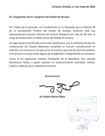 Rubén Rocha Moya presentó la solicitud de licencia ante el Congreso de Sinaloa.