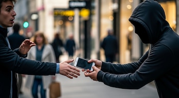 Primer plano de un delincuente encapuchado con el rostro oculto arrebatando un teléfono celular a una persona joven en la calle, con gente borrosa al fondo.