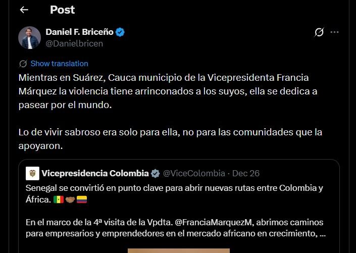 Daniela Briceño también se fue en contra de Francia Márquez - crédito @Danielbricen