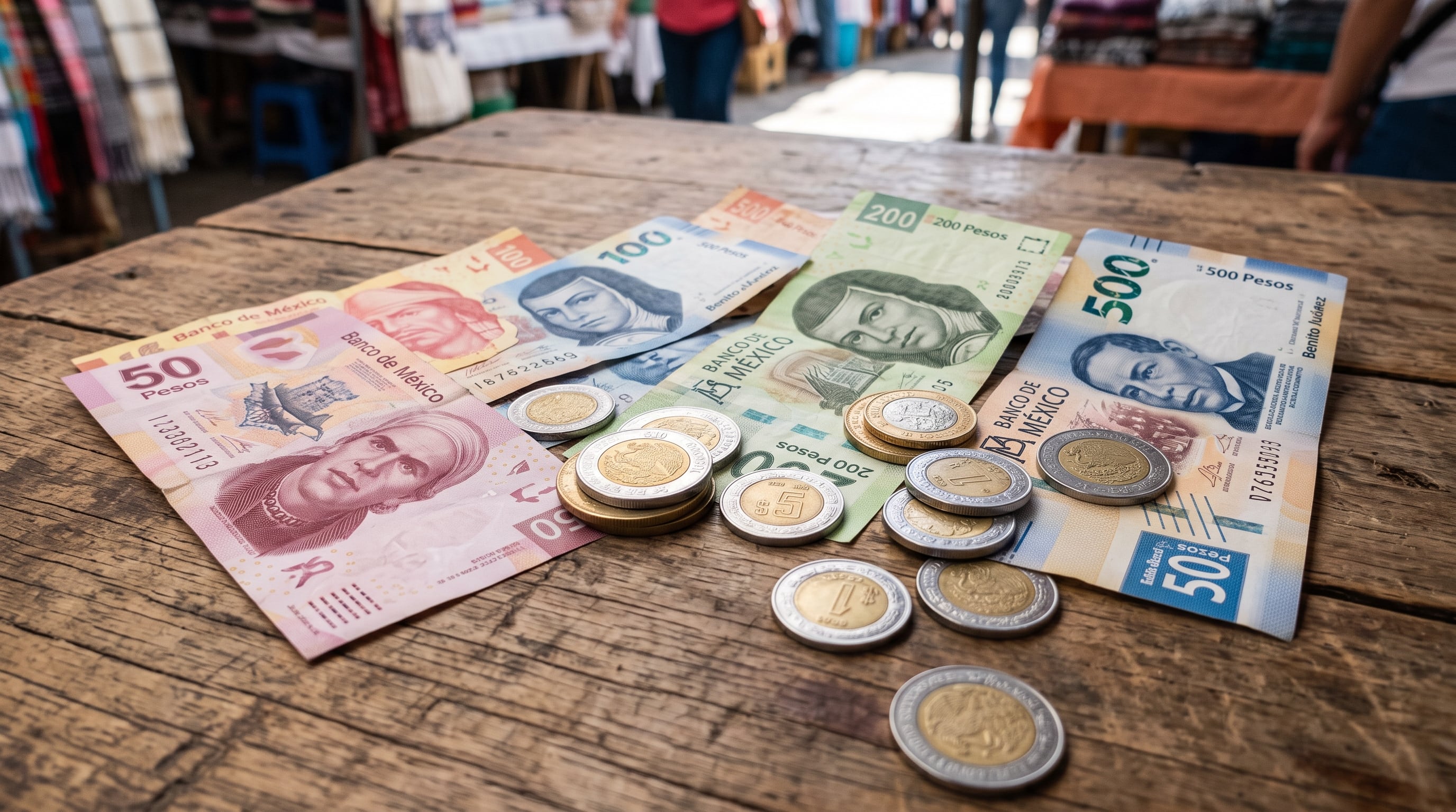 Varios billetes del Banco de México de distintas denominaciones y monedas de peso reposan sobre una mesa de madera en un mercado. (Imagen Ilustrativa Infobae)