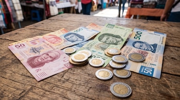 Billetes de peso mexicano de 50, 100, 200 y 500 pesos junto con varias monedas dispersas sobre una mesa de madera.