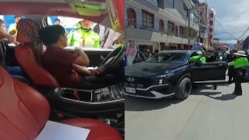 Vista del interior de un auto con su conductor y vista exterior de una camioneta negra rodeada por agentes de policía en una calle