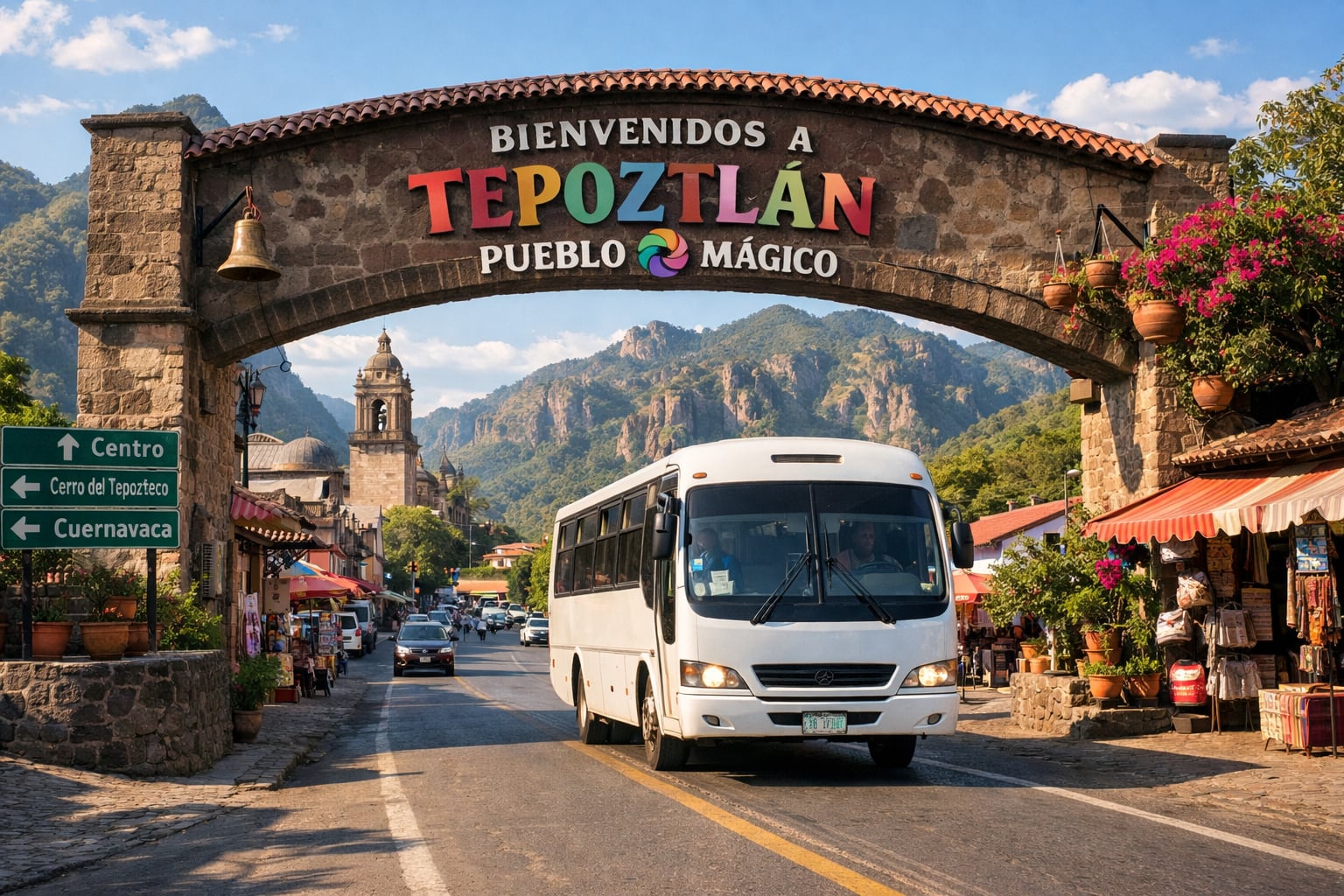 Un autobús blanco entra a Tepoztlán, pasando bajo el icónico arco de