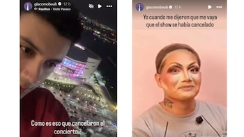 Capturas de historias de redes sociales con un hombre frente a un recinto deportivo iluminado y una imagen humorística con textos superpuestos