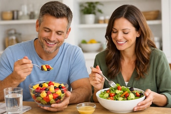 Hombre y mujer sentados a una mesa comiendo: él, ensalada de frutas en un bol de vidrio; ella, ensalada de verduras en un bol blanco. Hay un vaso con agua.