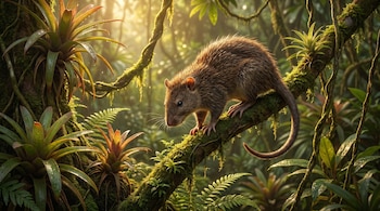 Primer plano de un roedor de pelaje marrón y bigotes largos sobre una rama gruesa y musgosa en un denso bosque tropical, con luz solar filtrada y plantas exóticas.