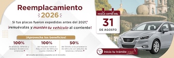Infografía con texto "Reemplacamiento 2026" y "31 de agosto", tres columnas de porcentajes de beneficios, botón "Inicia tu trámite", y un automóvil sedán gris