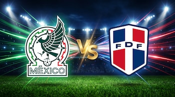 Un escudo de México y un escudo de República Dominicana se enfrentan en un campo de fútbol iluminado, con un letrero dorado "VS" en el centro.
