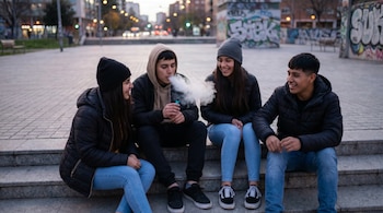 Cuatro adolescentes latinos sentados en escalones. Un chico exhala vapor de un vaper; sus amigos ríen cerca. Fondo urbano con luces de calle y grafitis.