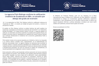 Comunicado oficial del Ministerio de Finanzas Públicas de Guatemala con texto informativo sobre calificación crediticia y un código QR.