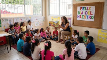 Una maestra sentada en una silla baja lee un libro a catorce niños de primaria sentados en un círculo en el suelo, con un cartel de "Feliz Día del Maestro".
