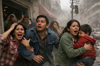 Grupo de personas, incluyendo un hombre, una mujer y un niño, mostrando miedo y corriendo en una calle urbana llena de polvo y escombros.