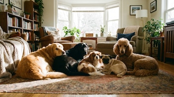 Un Golden Retriever, Labrador, Cavalier King Charles Spaniel, Pug y Caniche están recostados sobre una alfombra en una sala de estar bien iluminada.