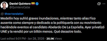 Daniel Quintero arremetió contra la
