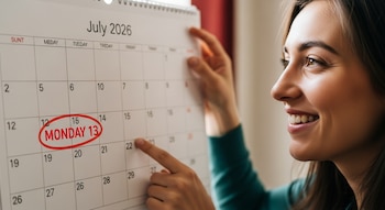 Una mujer sonriente de perfil derecho señala un calendario de julio de 2026, donde el día Lunes 13 está resaltado con un círculo rojo.