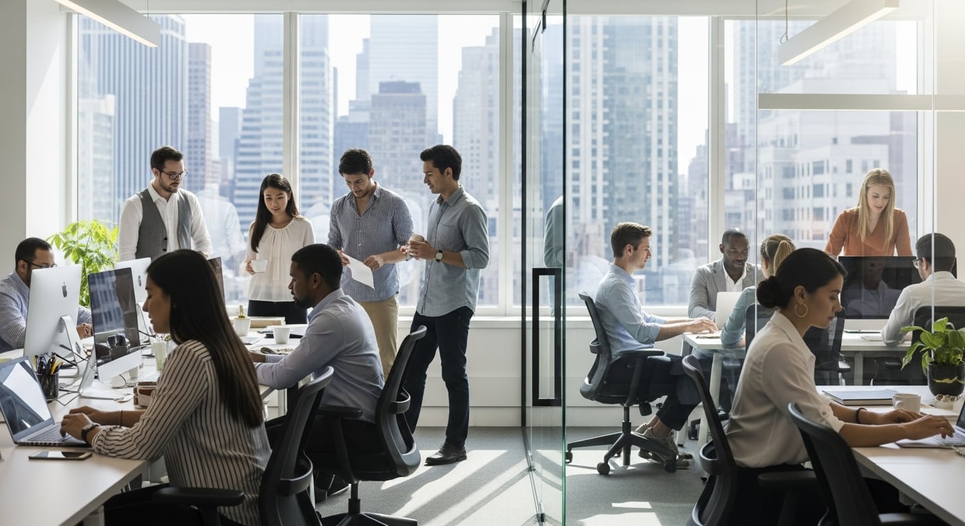 Empleados de oficina trabajan en un entorno colaborativo en Nueva York, un contexto relevante mientras la ciudad amplía los derechos laborales para incluir 32 horas de tiempo libre protegido. (Imagen Ilustrativa Infobae)