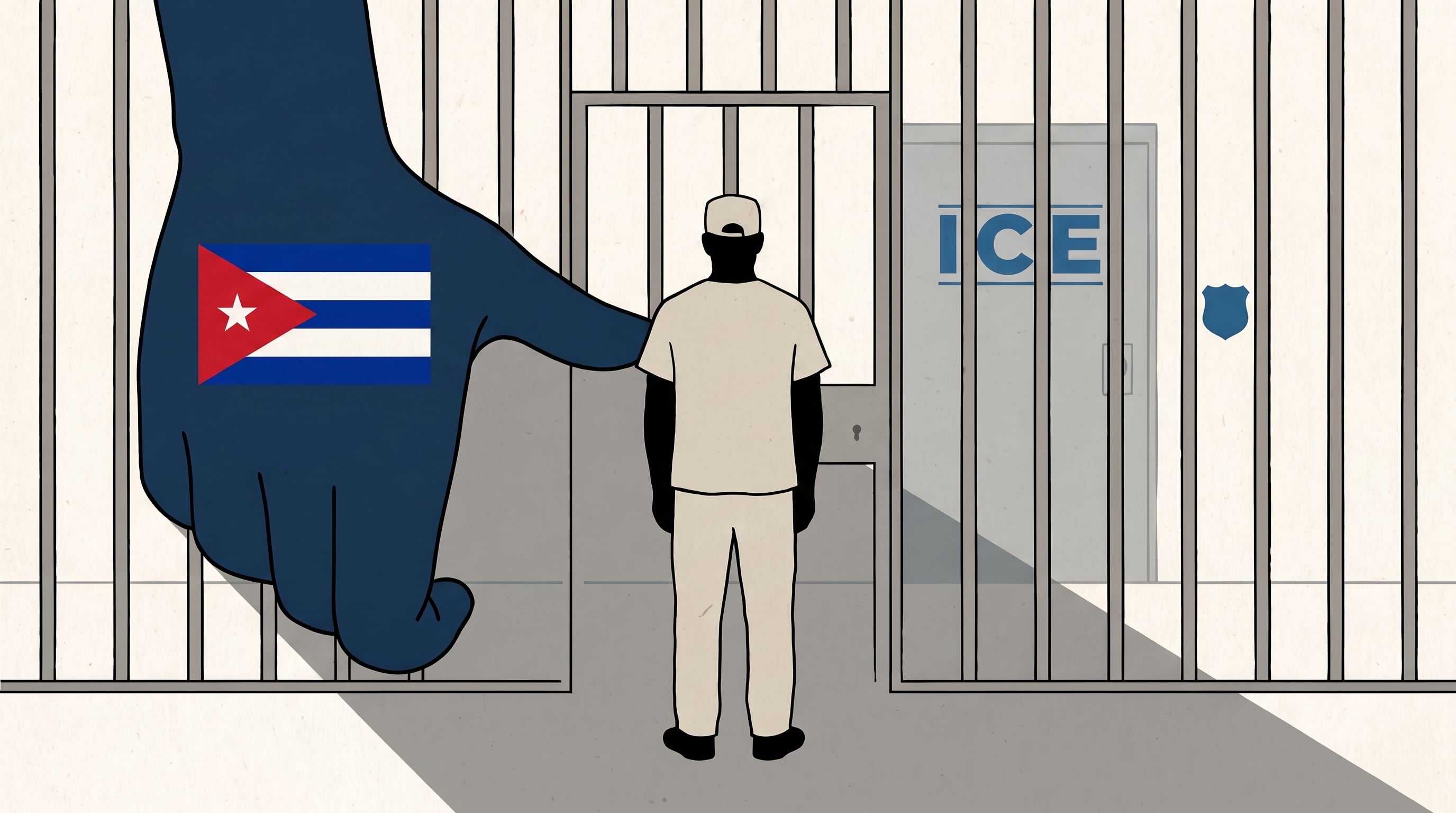 Una mano con la bandera de Cuba se ubica junto a una persona en un centro de detención del Servicio de Inmigración y Control de Aduanas. (Imagen Ilustrativa Infobae)