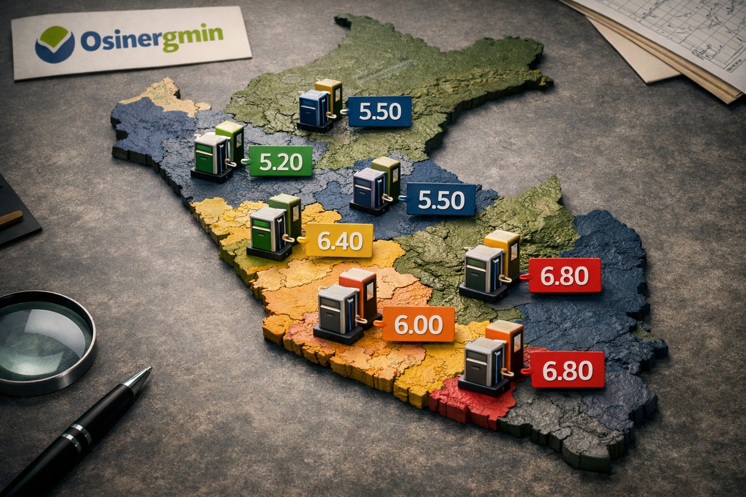 El mapa conceptual de Perú muestra la dispersión de precios de combustibles por regiones, utilizando íconos de estaciones de servicio y etiquetas numéricas, con la identificación de Osinergmin. (Imagen Ilustrativa Infobae)